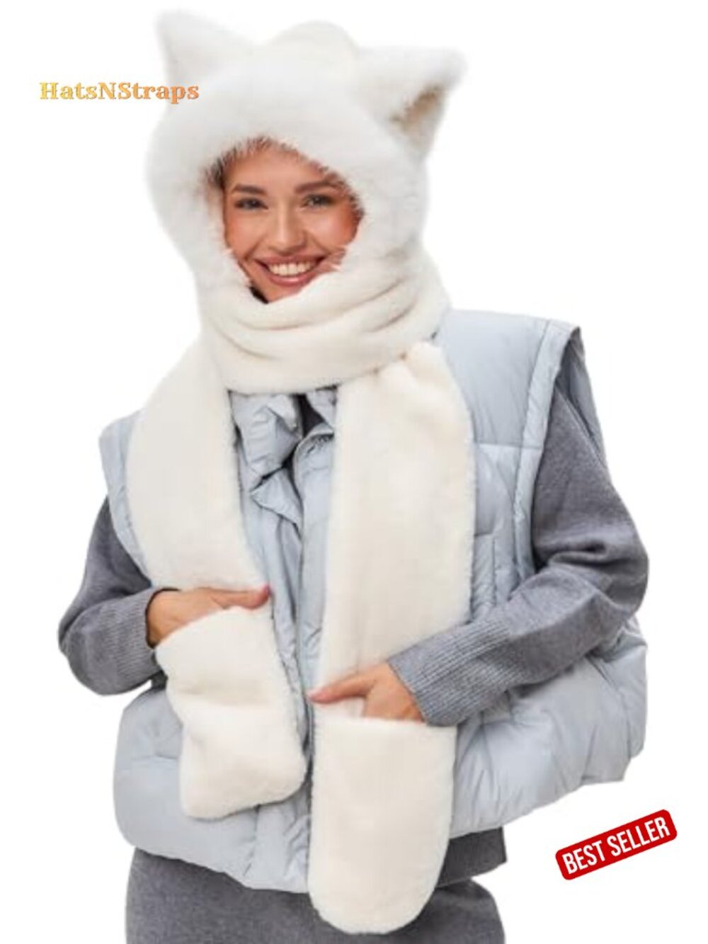 Faux Fur Cat Ears Winter Hat 3-in-1 Plush Animal Hood with Mittens & Scarf